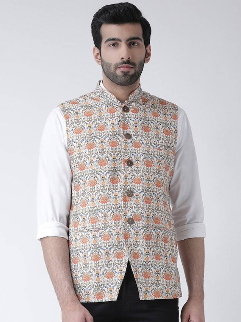 Men's Multicoloured 
Cotton Blend
 Printed Nehru Jackets
